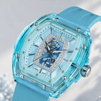 Tsar Bomba Nucleus Femme 02 Blue — Close angled view of the mosaic and mother-of-pearl through the sapphire crystal, available at IFL Watches.