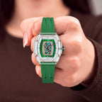 Tsar Bomba Nucleus Femme 02 Green — Held in hand, showing the transparent case and rose-gold screws, available at IFL Watches.