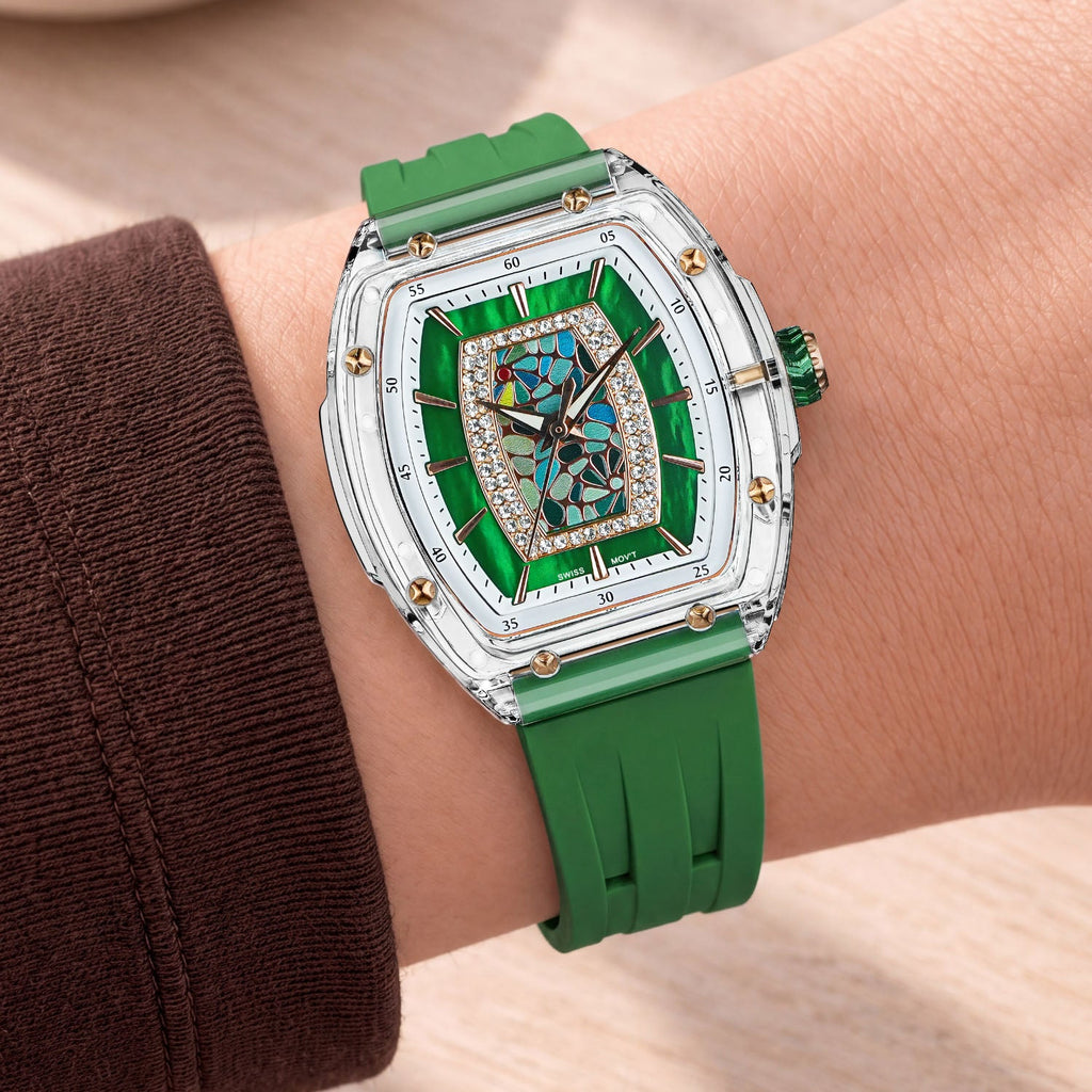 Tsar Bomba Nucleus Femme 02 Green — Worn on wrist, showing the tonneau case and strap, available at IFL Watches.