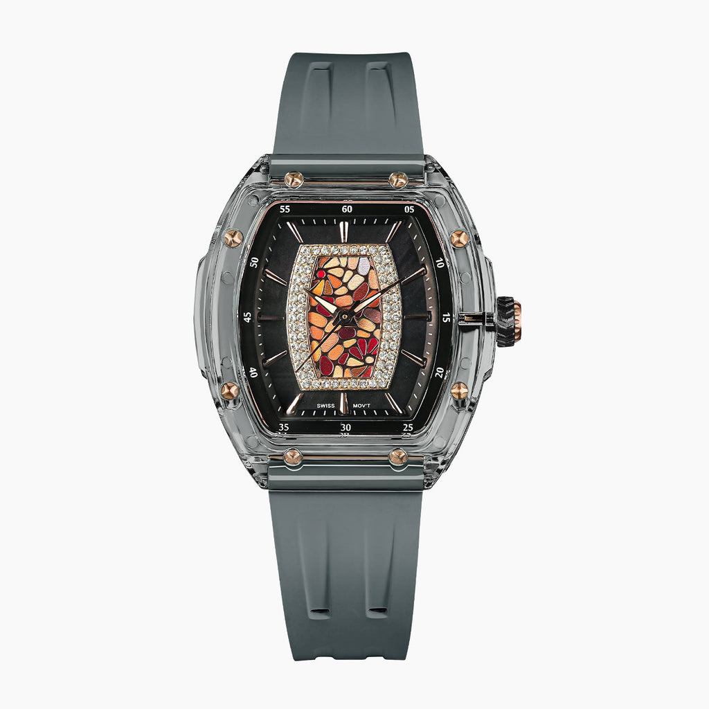 Tsar Bomba Nucleus Femme 02 Grey — Front view of the dark mother-of-pearl dial with amber mosaic, framed by sparkling stones in a 35mm smoky tonneau case, available at IFL Watches.