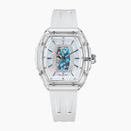 Tsar Bomba Nucleus Femme 02 White Blue — Front view of the white mother-of-pearl dial with blue mosaic, framed by sparkling stones in a 35mm clear tonneau case, available at IFL Watches.