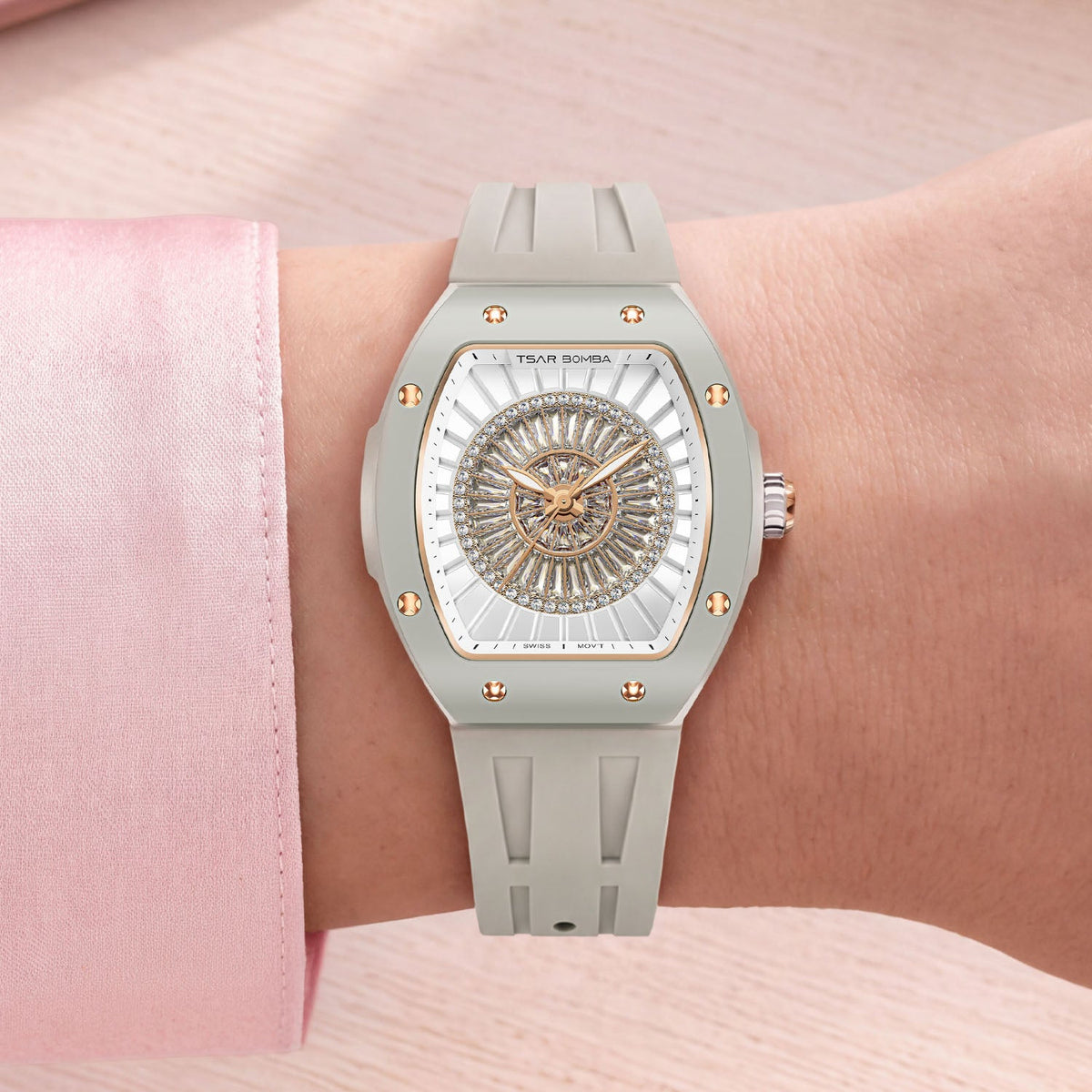 Tsar Bomba Nucleus Femme 03 Ghost Grey — Worn on wrist, showing the tonneau case and strap, available at IFL Watches.