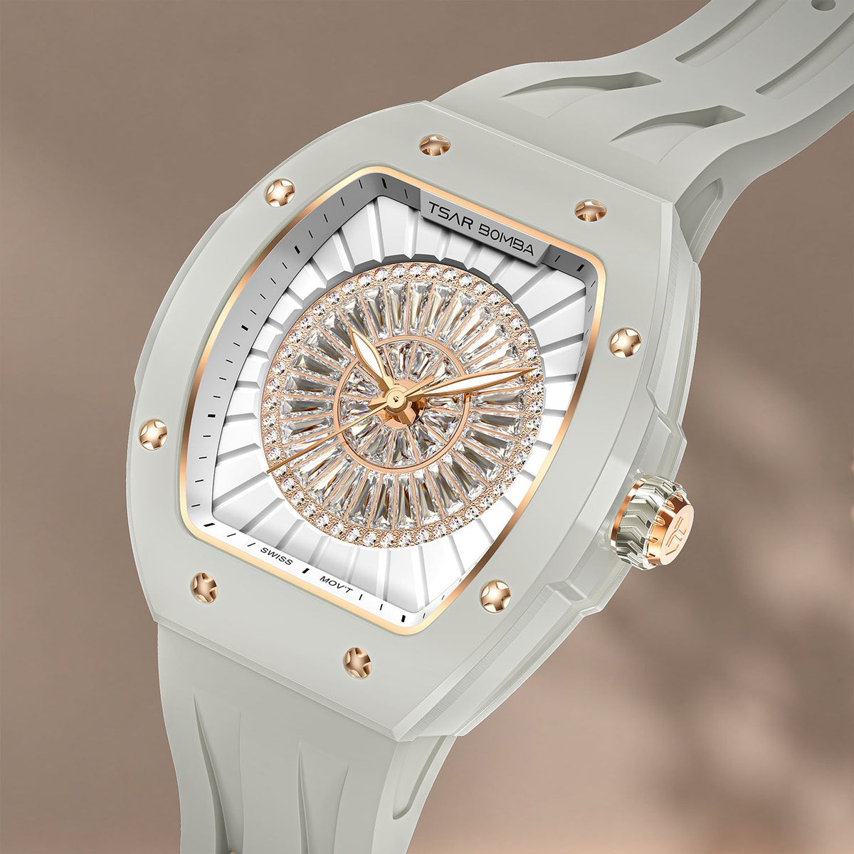 Tsar Bomba Nucleus Femme 03 Ghost Grey — Close angled view of the baguette-cut stones and ring of cubic zirconia, available at IFL Watches.