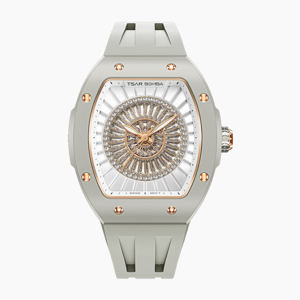 Tsar Bomba Nucleus Femme 03 Ghost Grey — Front view of the dial with a rosette of baguette-cut stones and rose-gold accents, 35mm grey ceramic tonneau case, available at IFL Watches.