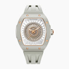Tsar Bomba Nucleus Femme 03 Ghost Grey — Front view of the dial with a rosette of baguette-cut stones and rose-gold accents, 35mm grey ceramic tonneau case, available at IFL Watches.