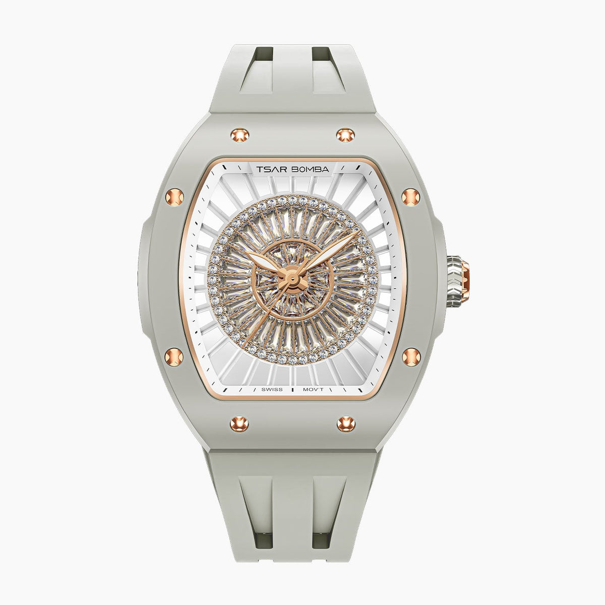 Tsar Bomba Nucleus Femme 03 Ghost Grey — Front view of the dial with a rosette of baguette-cut stones and rose-gold accents, 35mm grey ceramic tonneau case, available at IFL Watches.