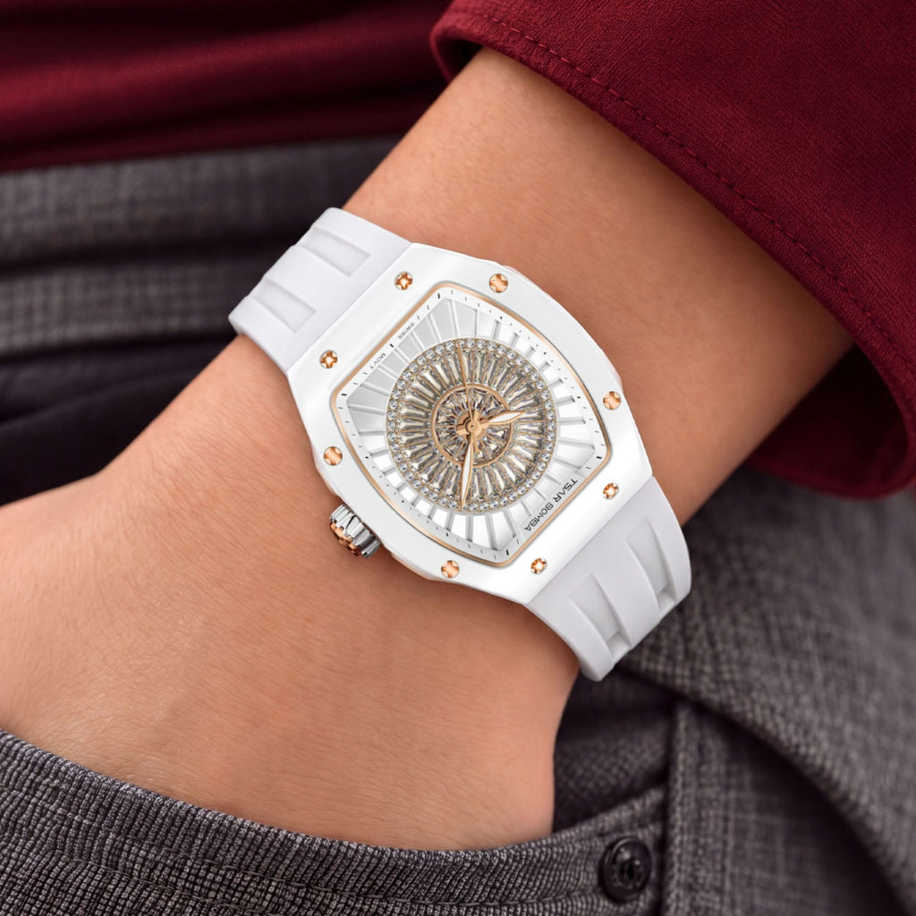 Tsar Bomba Nucleus Femme 03 White — Worn on wrist with a hand in pocket, seen from a relaxed angle, available at IFL Watches.