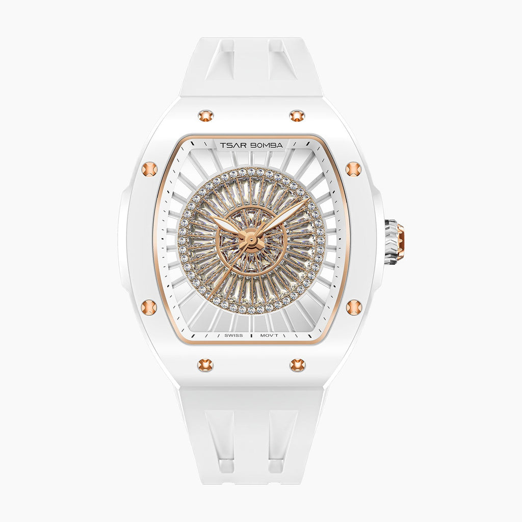 Tsar Bomba Nucleus Femme 03 White — Front view of the dial with a rosette of baguette-cut stones and rose-gold accents, 35mm white ceramic tonneau case, available at IFL Watches.