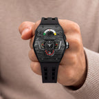 Tsar Bomba Parallax Carbon Black — Held in hand, showing the three-dimensional dial, available at IFL Watches.