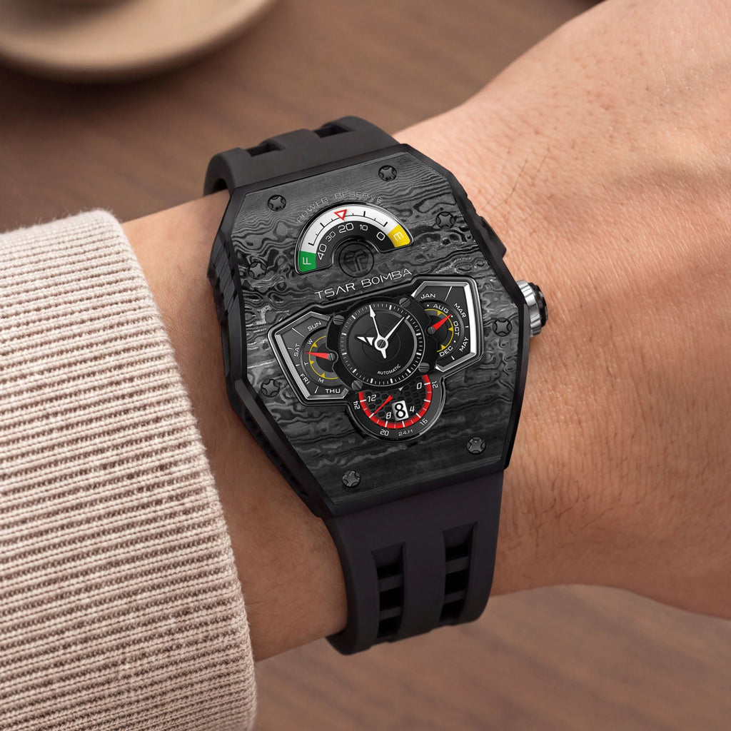 Tsar Bomba Parallax Carbon Black — Worn on wrist at an angle, showing the crown and screwed bezel, available at IFL Watches.
