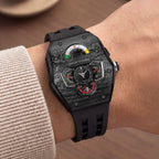 Tsar Bomba Parallax Carbon Black — Worn on wrist at an angle, showing the crown and screwed bezel, available at IFL Watches.