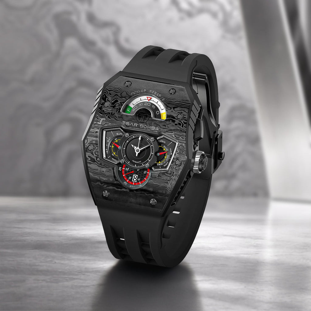 Tsar Bomba Parallax Carbon Black — Standing on a table in a moody interior, showing the case profile, available at IFL Watches.