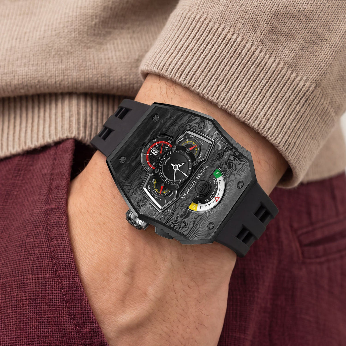 Tsar Bomba Parallax Carbon Black — Worn on wrist with a hand in pocket, seen from a relaxed angle, available at IFL Watches.