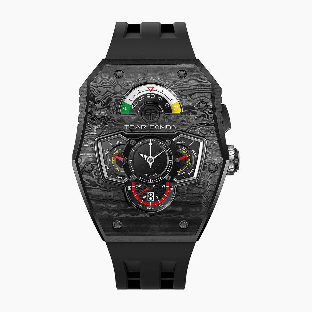 Tsar Bomba Parallax Carbon Black — Front view of the layered dashboard dial with fuel-style power-reserve gauge, 43.2mm steel tonneau case with forged carbon-fibre bezel, available at IFL Watches.