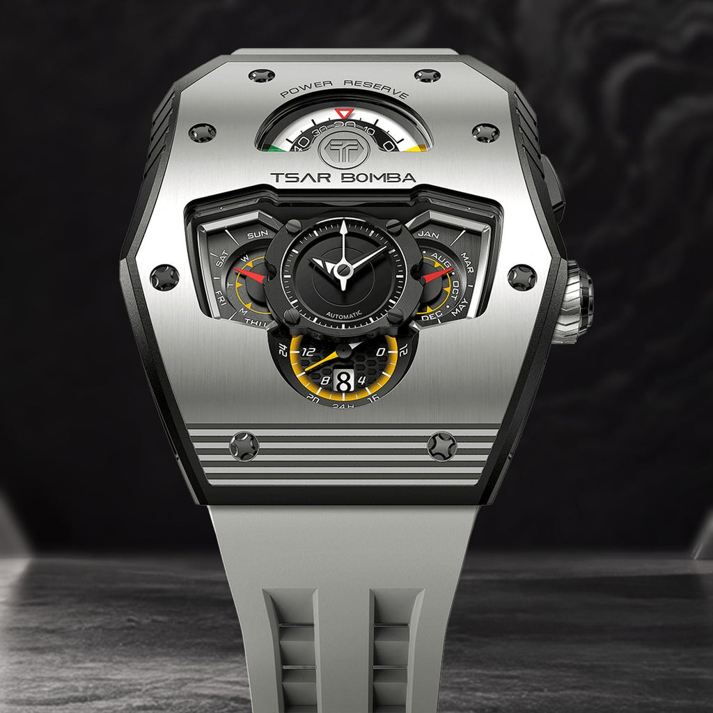 Tsar Bomba Parallax Grey — Front close-up against a dark textured backdrop, showing the day, month and 24-hour displays, available at IFL Watches.