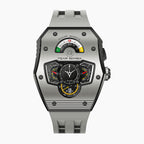 Tsar Bomba Parallax Grey — Front view of the layered dashboard dial with fuel-style power-reserve gauge, 43.2mm steel tonneau case with grey ceramic bezel, available at IFL Watches.