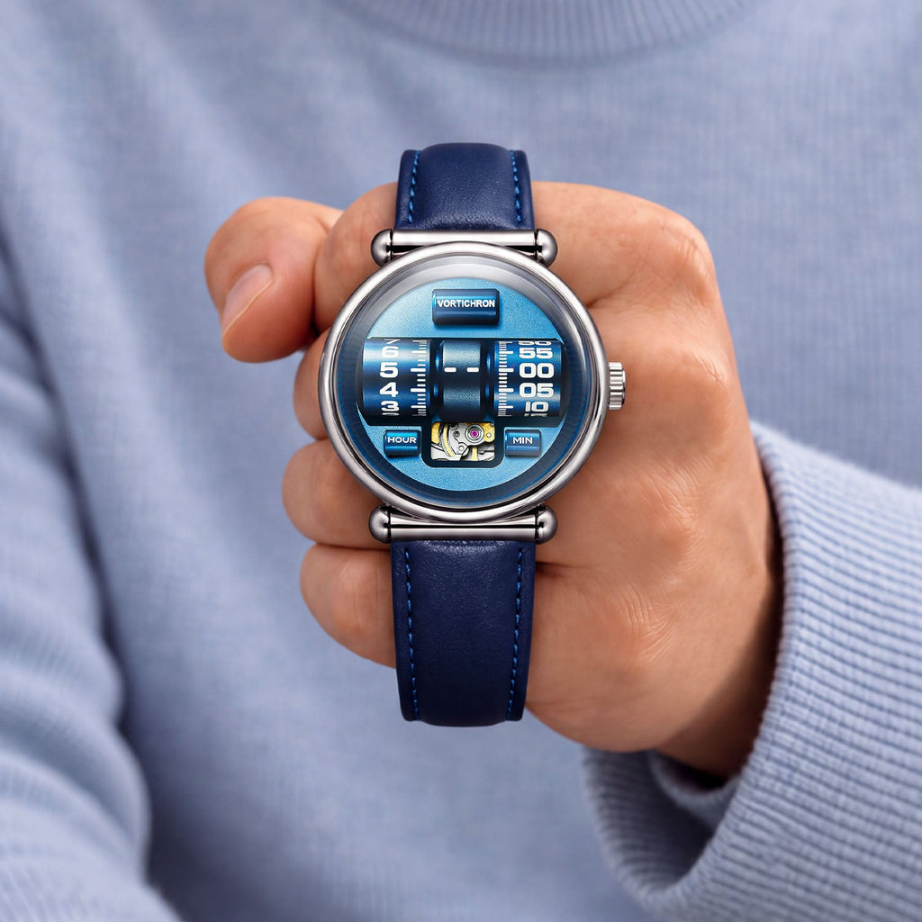 Vortichron Double Roller Blue — Held in hand against a blue knit sweater, showing the two numbered rollers, available at IFL Watches.