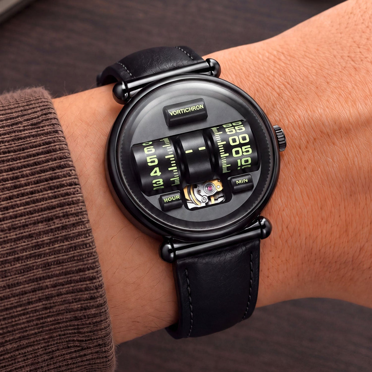 Vortichron Double Roller Midnight Black — Worn on wrist at an angle, showing the rollers and visible balance wheel, available at IFL Watches.