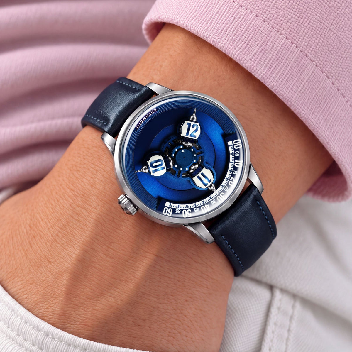 Vortichron Timeorb Blue — Worn on wrist with a hand in pocket, seen from a relaxed angle, available at IFL Watches.