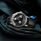 Vortichron Timeorb Midnight Black — Three-quarter view resting on braided cord in teal light, available at IFL Watches.