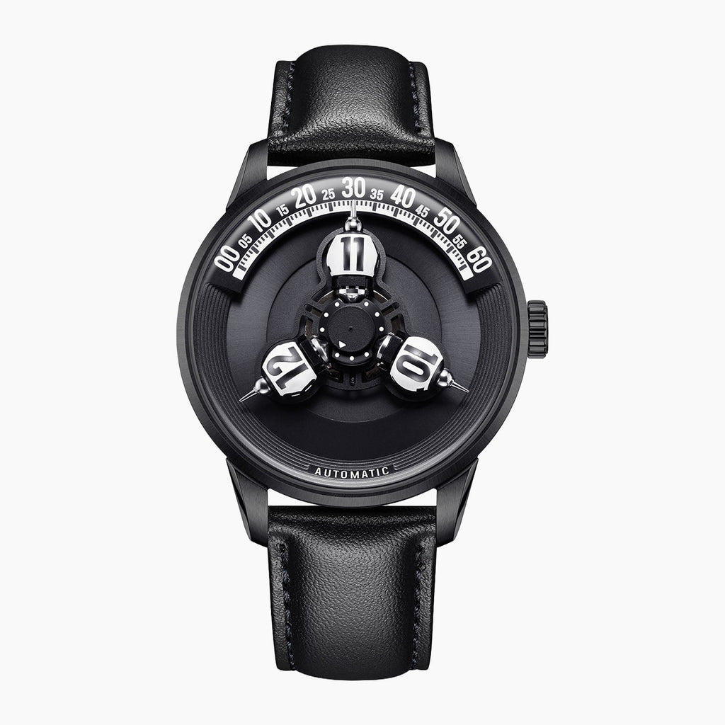 Vortichron Timeorb Midnight Black — Front view of the black dial with three rotating hour spheres and white minute arc, black case on black leather strap, available at IFL Watches.