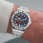 Timex Q Neon – Exclusive hand-painted timepiece with vibrant Blue and Orange Abstract Dial Artwork from Timex Q Diver Custom Collection