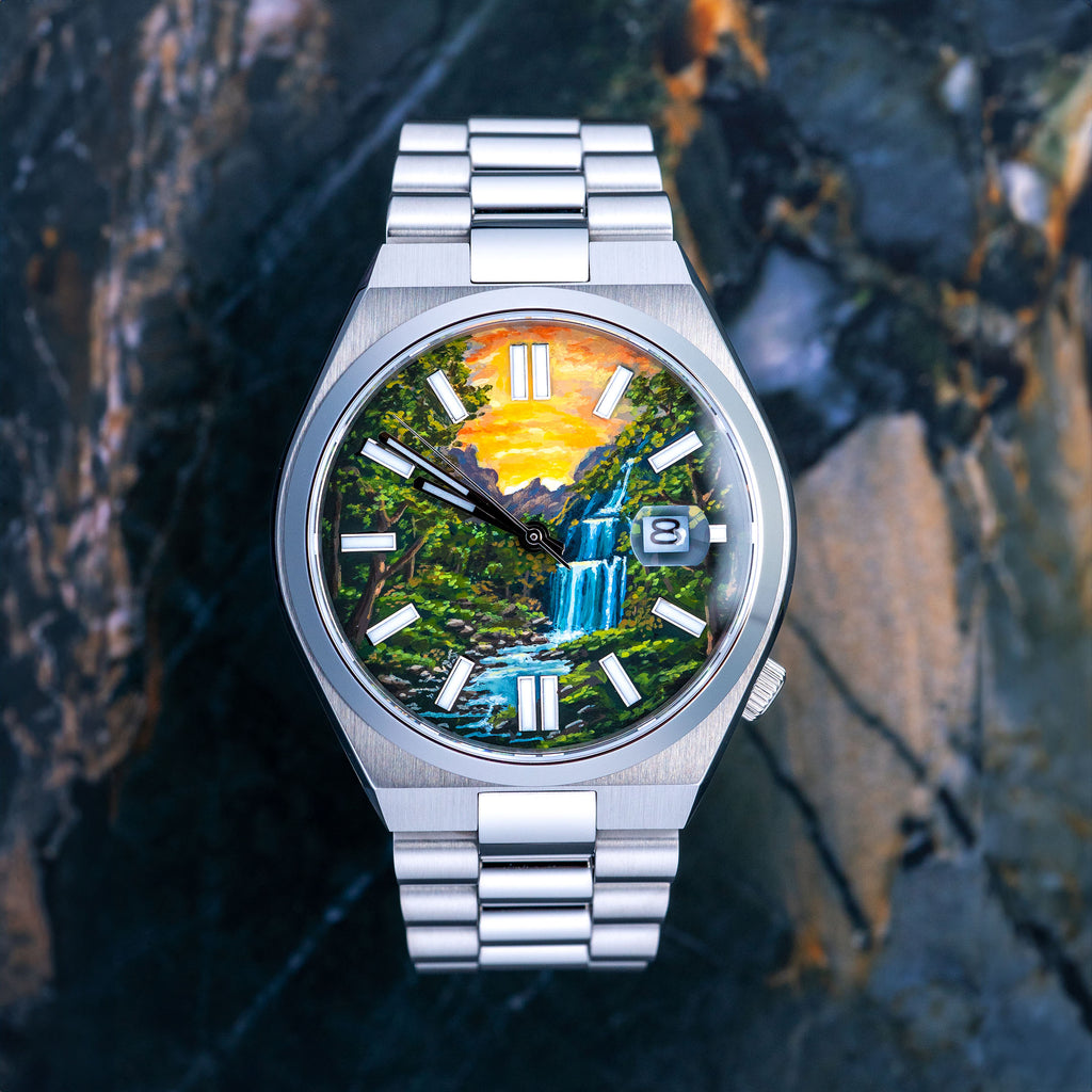 Waterfall Concept watch with hand-painted dial art realized on a Citizen Tsuyosa Automatic