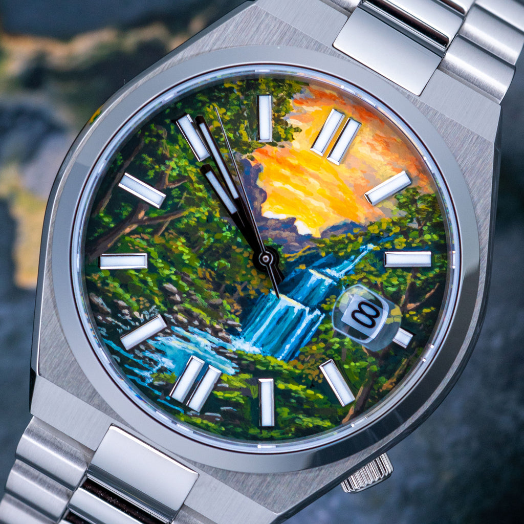 Waterfall Concept watch with hand-painted dial art realized on a Citizen Tsuyosa Automatic
