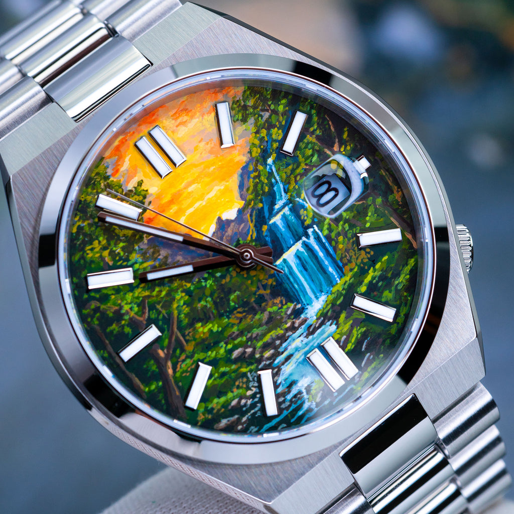 Waterfall Concept watch with hand-painted dial art realized on a Citizen Tsuyosa Automatic