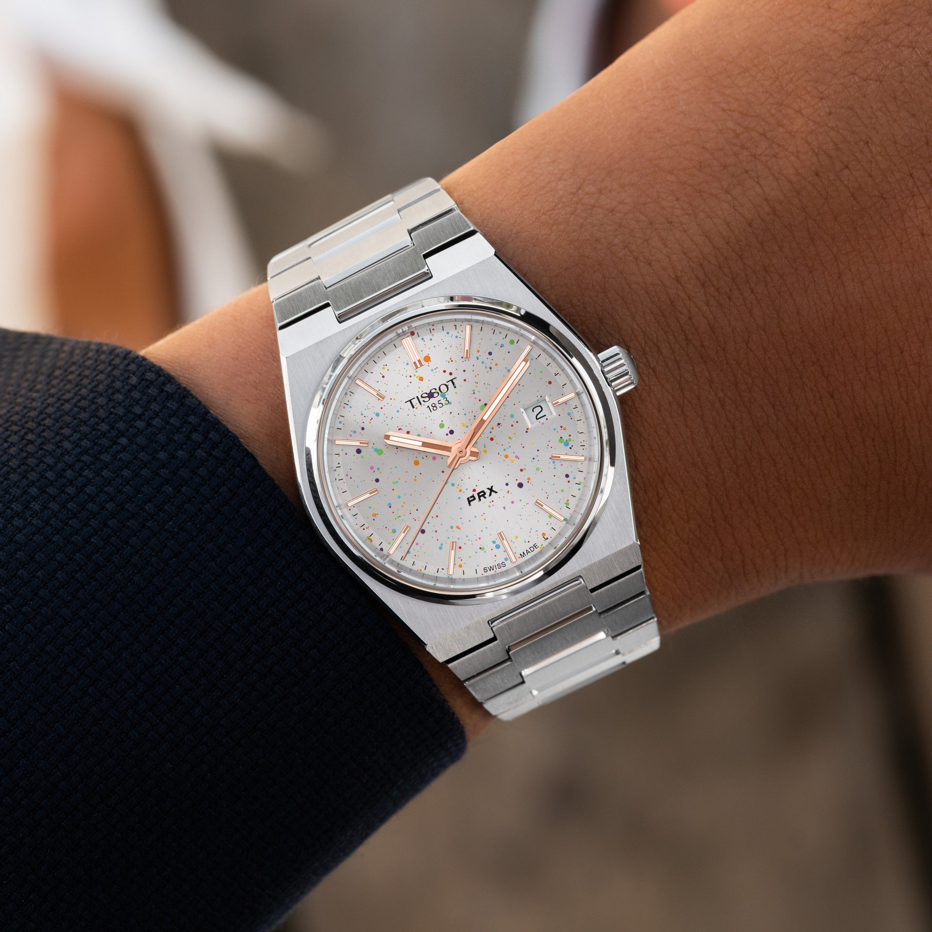 PRX Arctic Sky Concept – hand-painted custom Tissot PRX Silver Dial 35mm watch with abstract artwork, limited edition by IFL Watches.