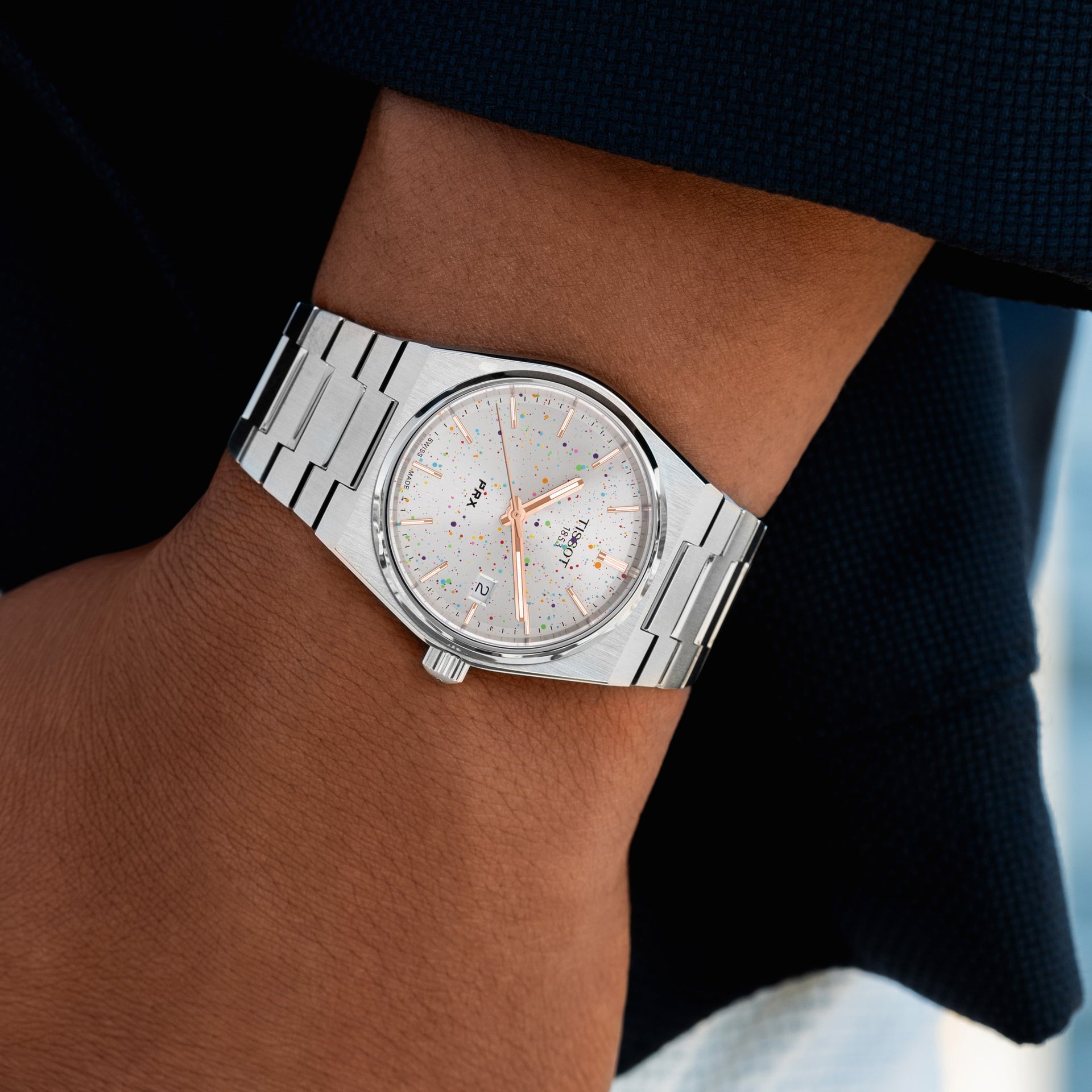 PRX Arctic Sky Concept – hand-painted custom Tissot PRX Silver Dial 35mm watch with abstract artwork, limited edition by IFL Watches.