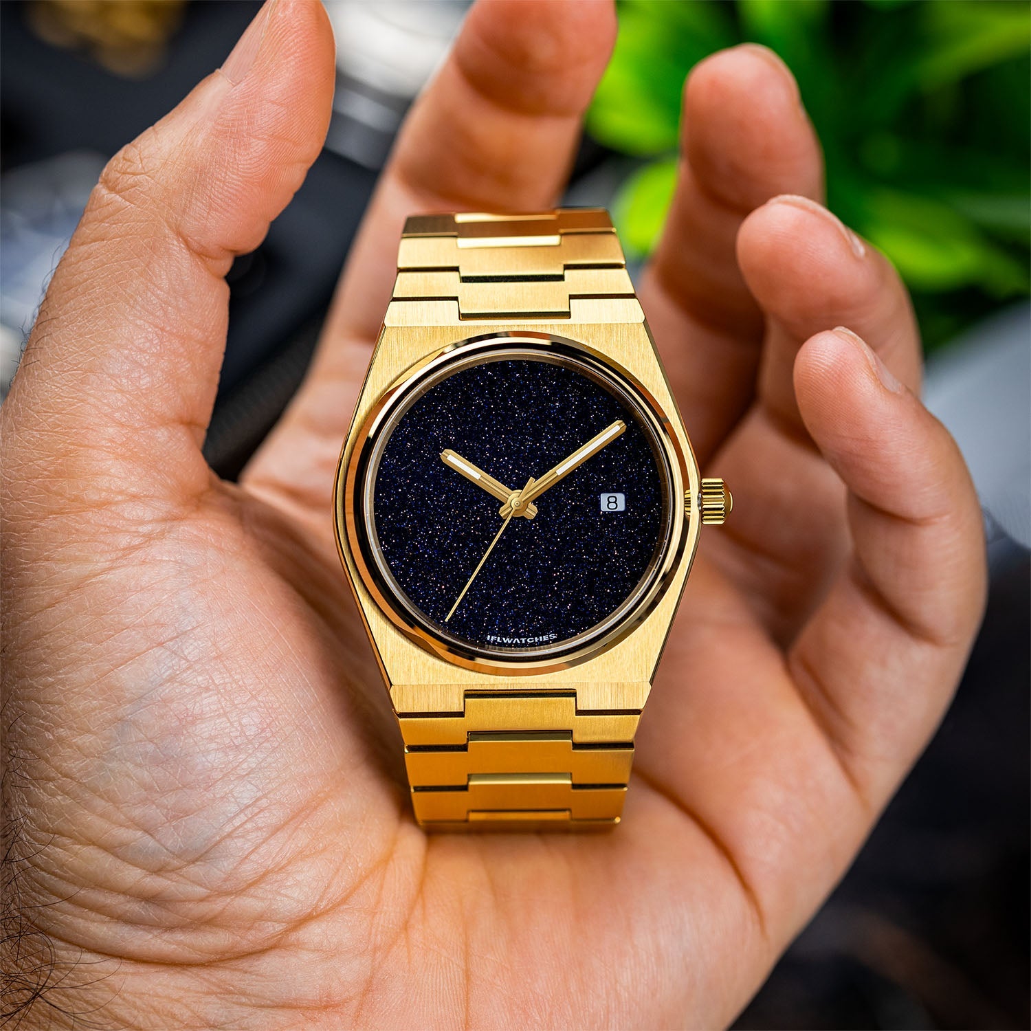 Aventurine Gold Concept – Custom natural aventurine stone dial on gold-tone stainless steel watch, bespoke timepiece by IFL Watches