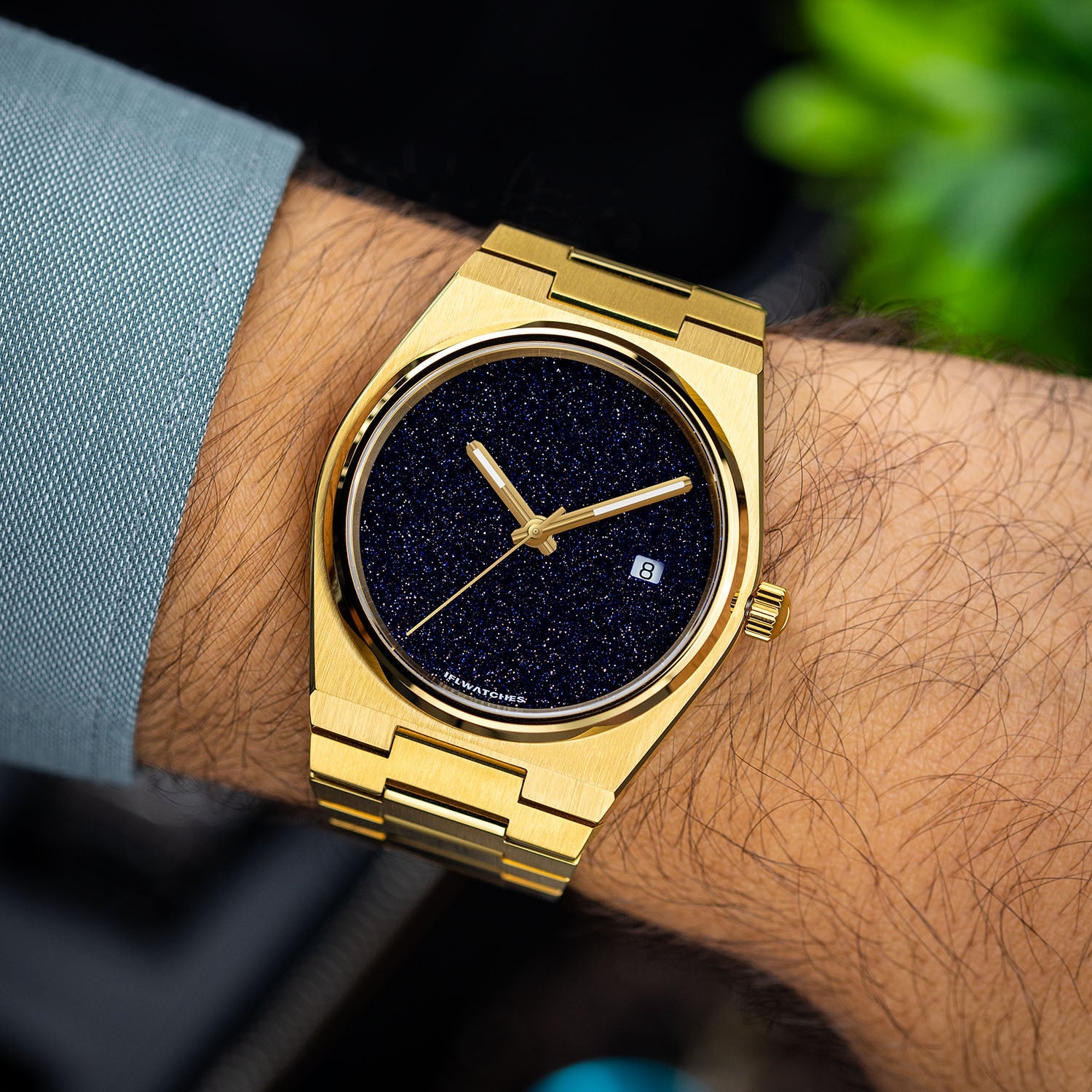 Aventurine Gold Concept – Custom natural aventurine stone dial on gold-tone stainless steel watch, bespoke timepiece by IFL Watches