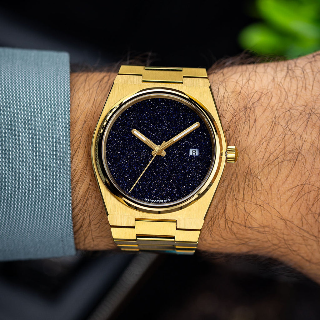 Aventurine Gold Concept – Custom natural aventurine stone dial on gold-tone stainless steel watch, bespoke timepiece by IFL Watches