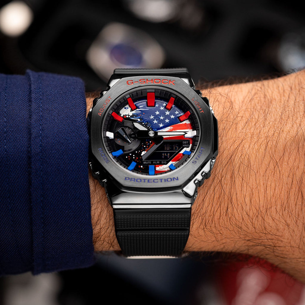 Casio G-Shock Full Metal USA — red, white and blue markers framing the American flag dial, by IFL Watches