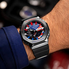 Casio G-Shock Full Metal USA — octagonal black bezel and national flag dial viewed at an angle, by IFL Watches