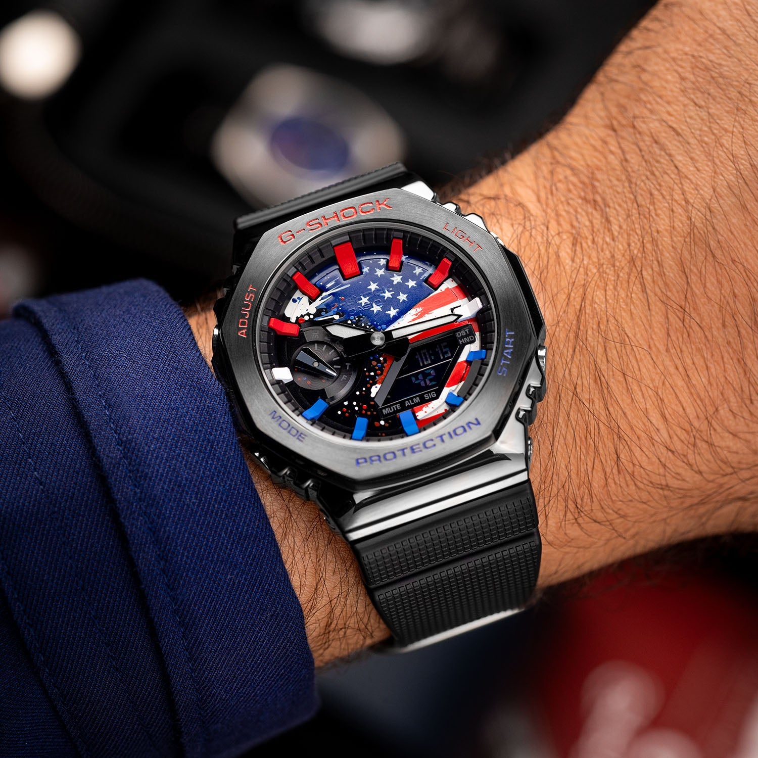 Casio G-Shock Full Metal USA — octagonal black bezel and national flag dial viewed at an angle, by IFL Watches