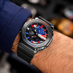 Casio G-Shock Full Metal USA — flag dial with paint-splatter detail shown on the wrist, by IFL Watches
