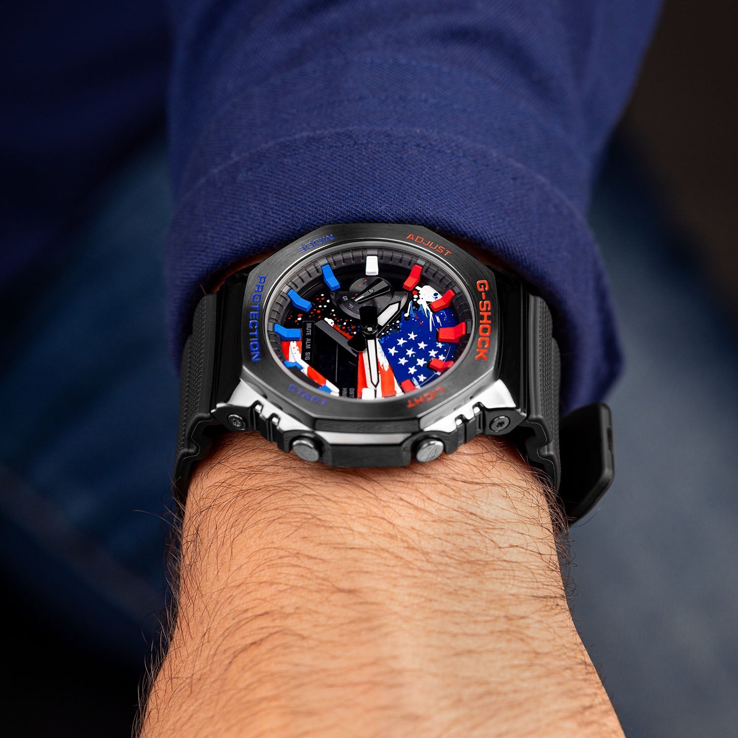 Casio G-Shock Full Metal USA — side profile showing the steel case, pushers and black resin strap, by IFL Watches