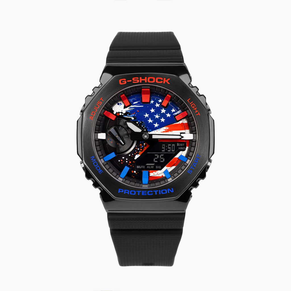 Casio G-Shock Full Metal USA — blacked-out stainless steel case with a stars-and-stripes flag dial, customized by IFL Watches