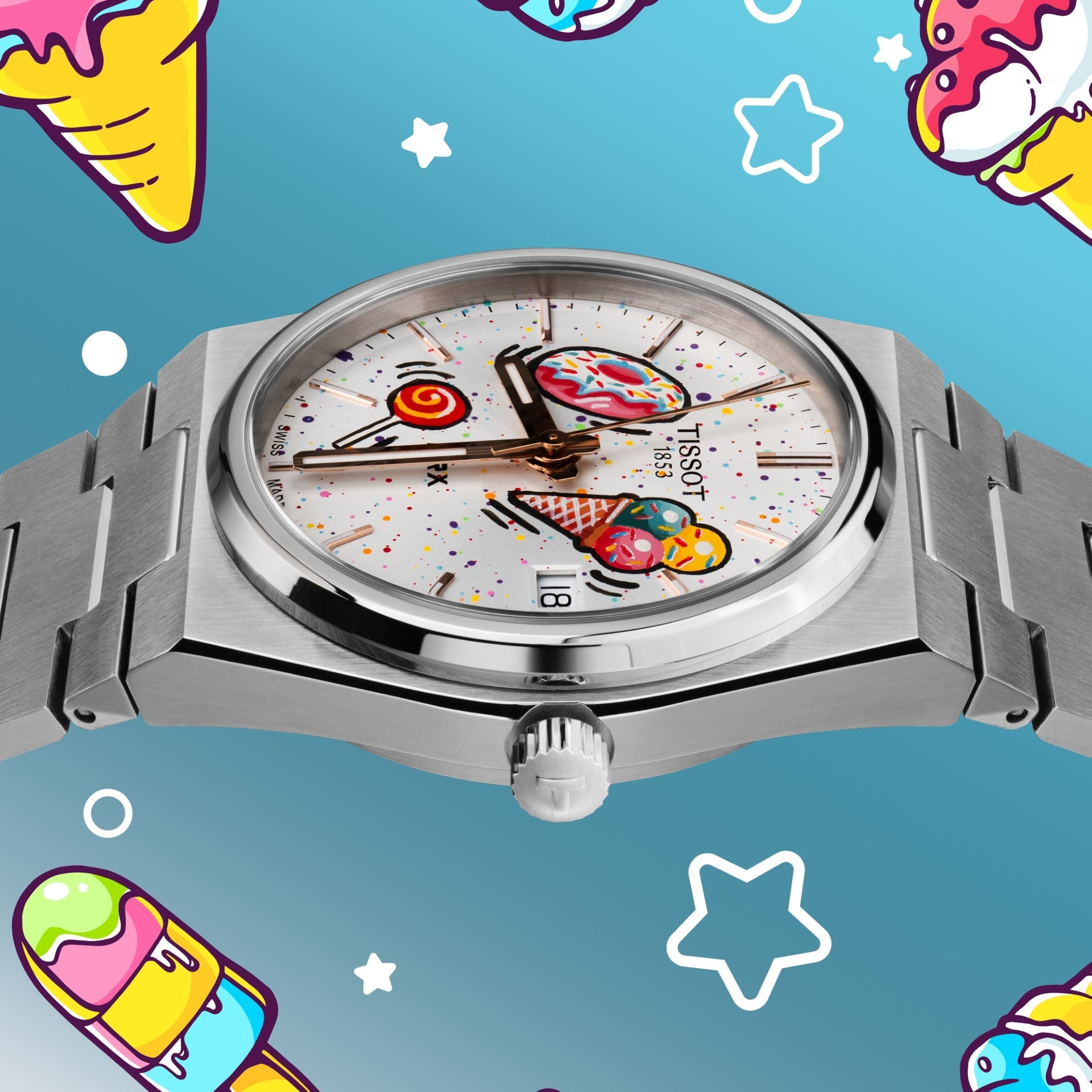PRX Dialicious Concept – hand-painted custom Tissot PRX 35mm watch with candy-themed artwork, limited edition by IFL Watches.