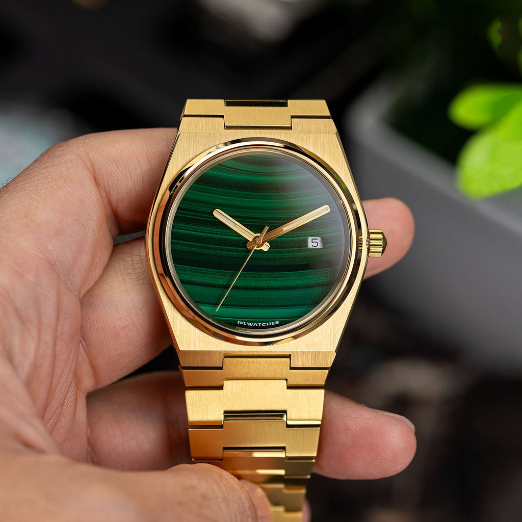 Malachite Gold Concept – Custom natural malachite stone dial on gold-tone stainless steel watch, bespoke timepiece by IFL Watches