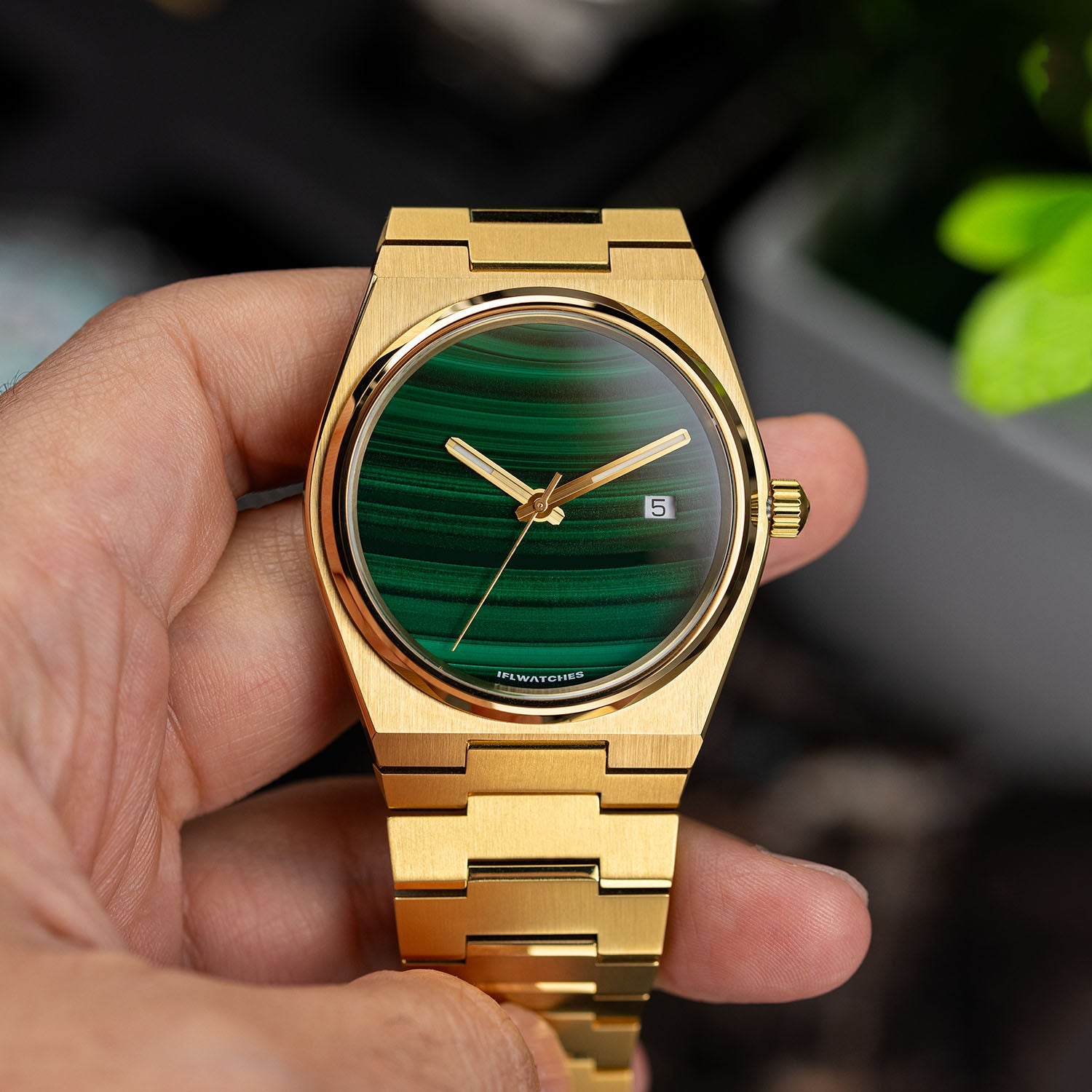 Malachite Gold Concept – Custom natural malachite stone dial on gold-tone stainless steel watch, bespoke timepiece by IFL Watches