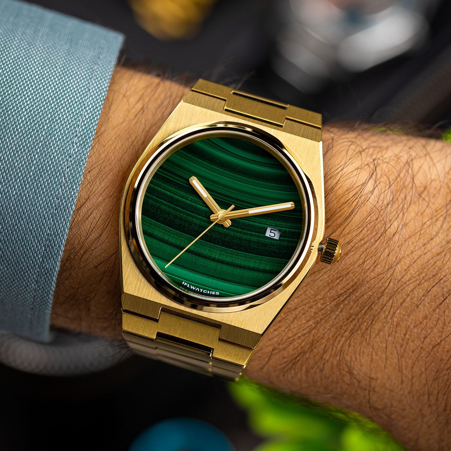 Malachite Gold Concept – Custom natural malachite stone dial on gold-tone stainless steel watch, bespoke timepiece by IFL Watches