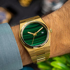 Malachite Gold Concept – Custom natural malachite stone dial on gold-tone stainless steel watch, bespoke timepiece by IFL Watches