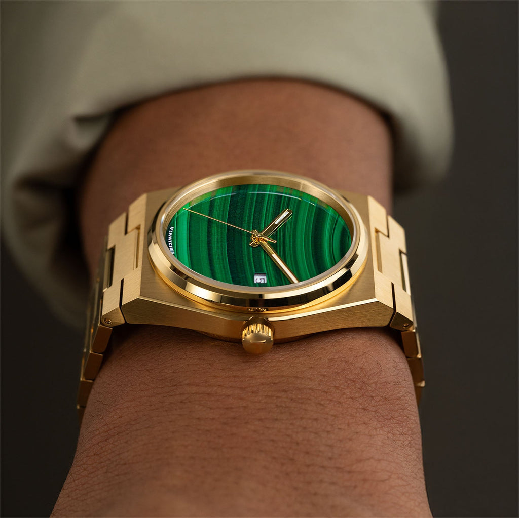 Malachite Gold Concept – Custom natural malachite stone dial on gold-tone stainless steel watch, bespoke timepiece by IFL Watches