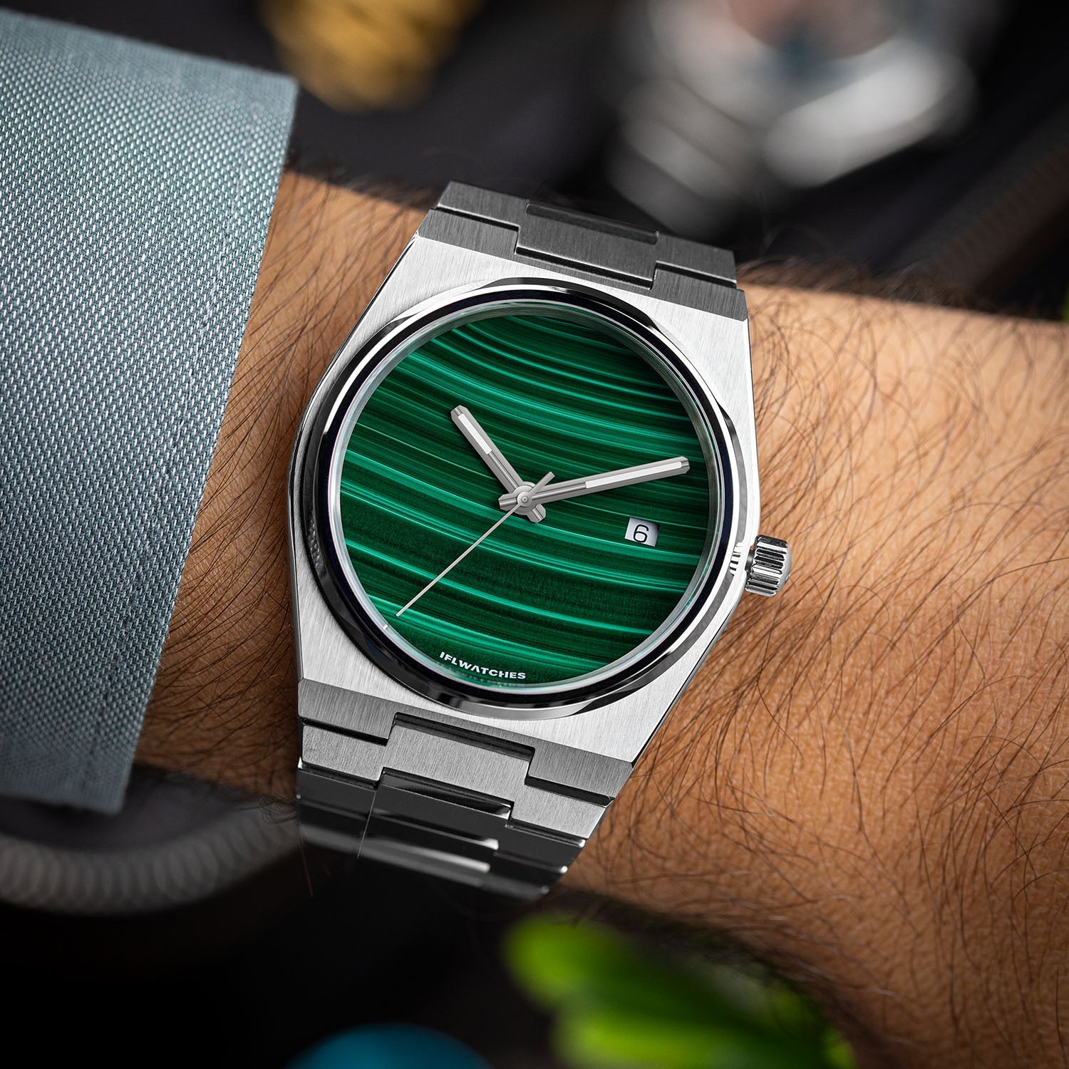 Malachite Steel Concept – Custom natural malachite stone dial on stainless steel watch, bespoke timepiece by IFL Watches