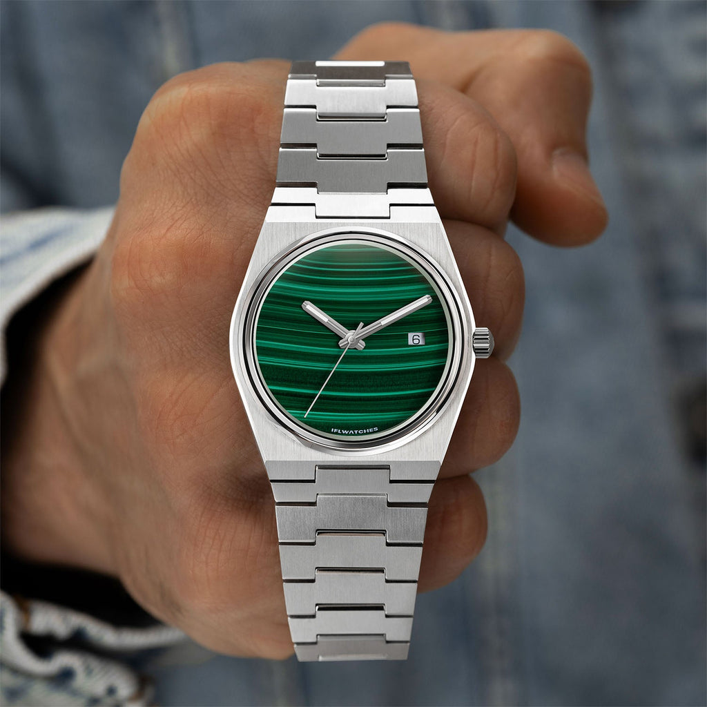 Malachite Steel Concept – Custom natural malachite stone dial on stainless steel watch, bespoke timepiece by IFL Watches