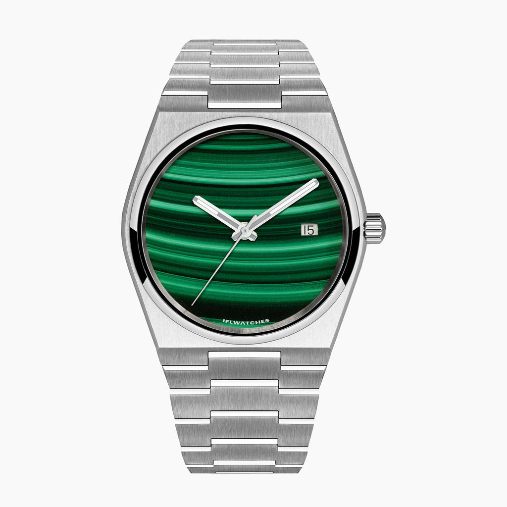 Malachite Steel Concept – Custom natural malachite stone dial on stainless steel watch, bespoke timepiece by IFL Watches