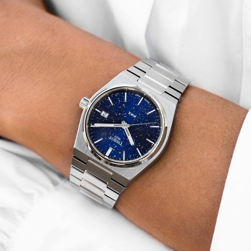 PRX Midnight Sky Concept – hand-painted custom Tissot PRX Blue Dial 35mm watch with abstract artwork, limited edition by IFL Watches.